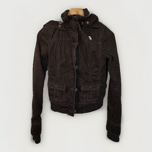 Vintage Y2K Abercrombie Fitch Jacket Brown Bomber Sherpa Hooded Cropped Moose M